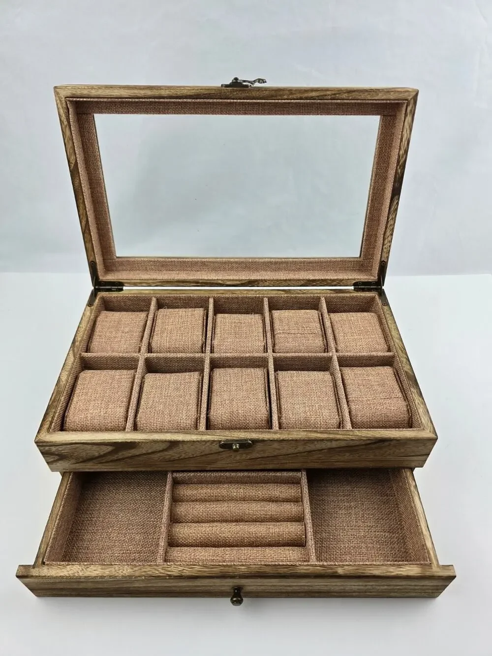 10 Slot Light color Wooden Watch Box with Sliding Jewelry Drawer Ring Clear Top